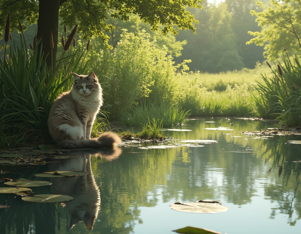 Cat observes a serene countryside pond, reflected in its still waters.